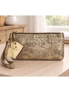 Patricia Nash Leather Wristlet Wallet Gold Metallic Tooled Floral Zip Clutch NWT